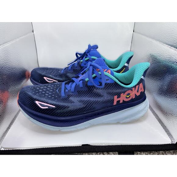Hoka One One Clifton 9 Size 7.5 Blue Evening Sky Coral Running Athletic Shoes - Picture 2 of 8